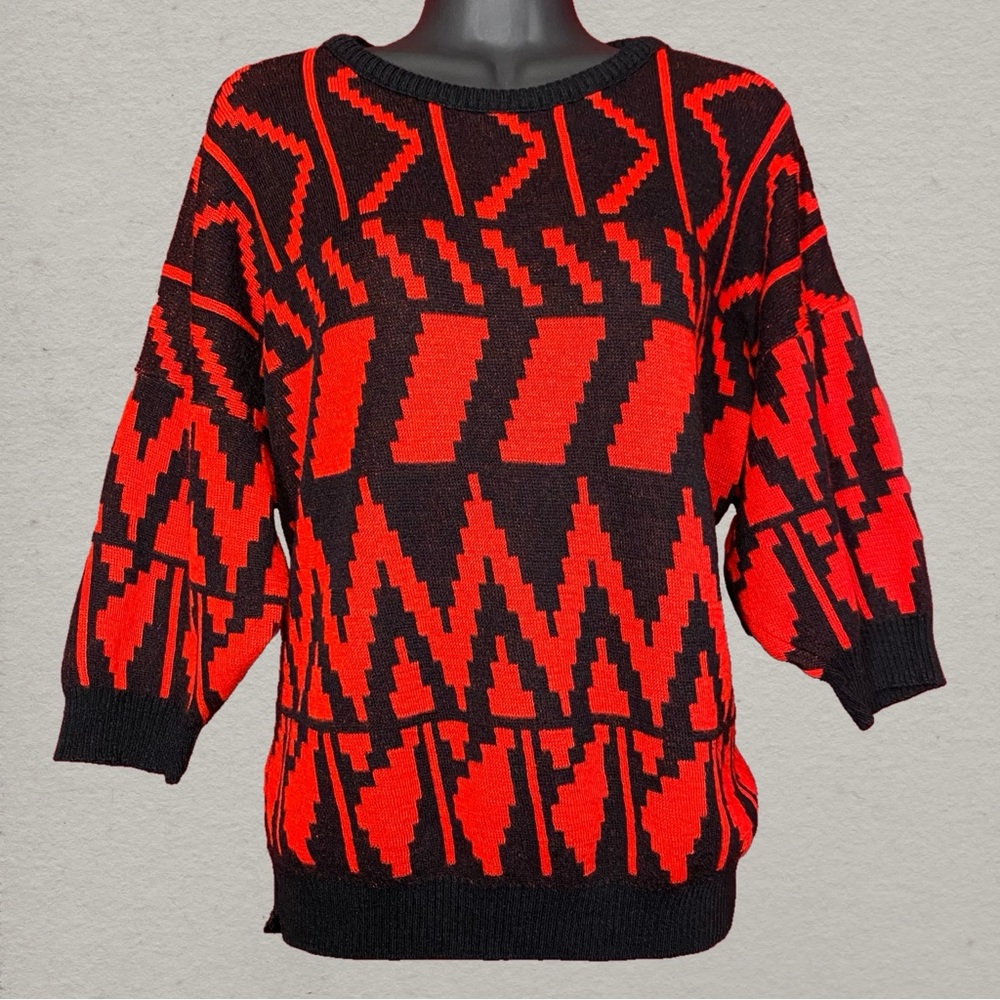 Vintage 80s Geometric Red and Black Retro Fall Sweater